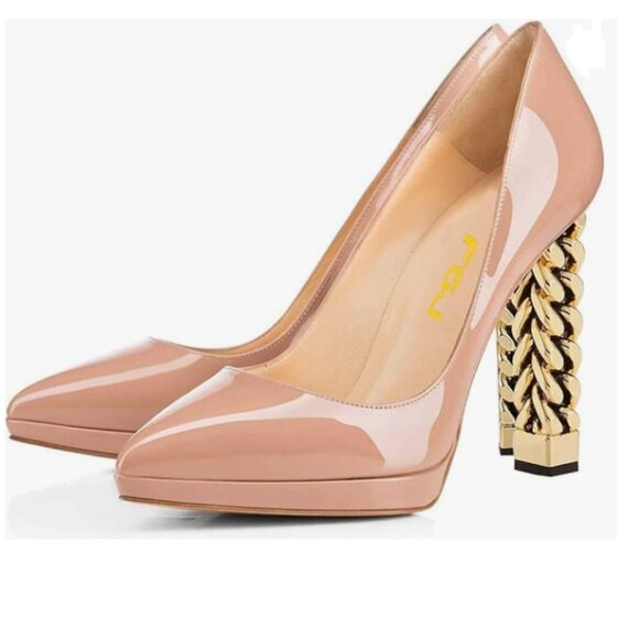 FSJ Shoes - FSJ Nude Platform Gold Metal Chain Chunky High Heel Pointed Toe Prom Pumps